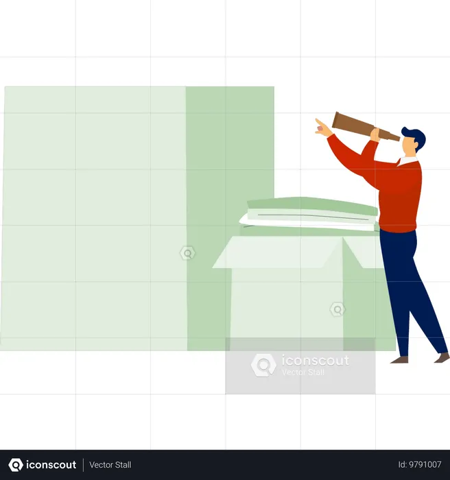 Garçon utilisant un télescope près des coffres à bagages  Illustration