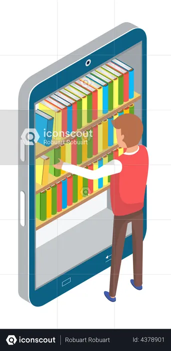 Garçon utilisant une bibliothèque numérique  Illustration