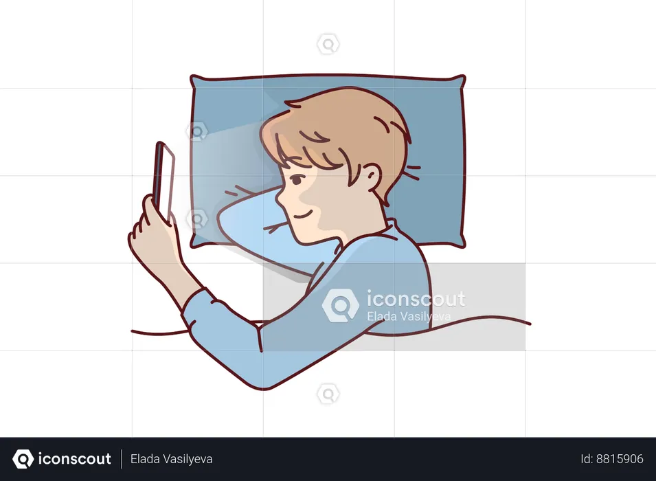 Un garçon utilise son téléphone pendant son sommeil la nuit  Illustration