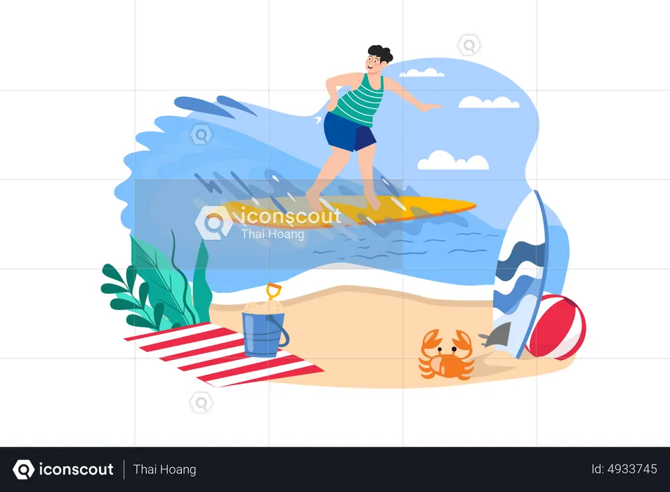 Garçon va surfer à la plage  Illustration