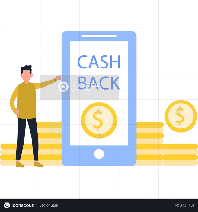 Garçon vérifiant le cashback sur mobile  Illustration