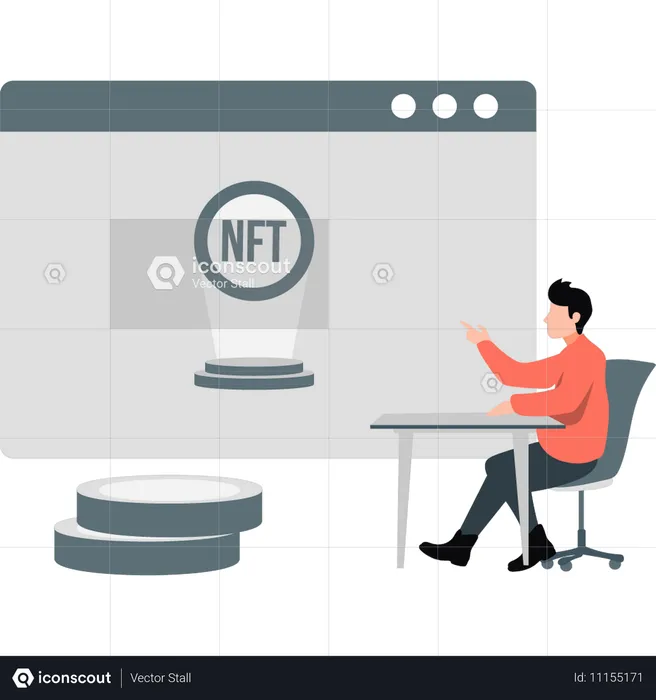 Un garçon regarde la plateforme NFT  Illustration