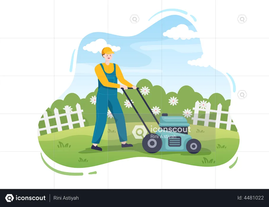 Gardener Cutting Green Grass  Illustration