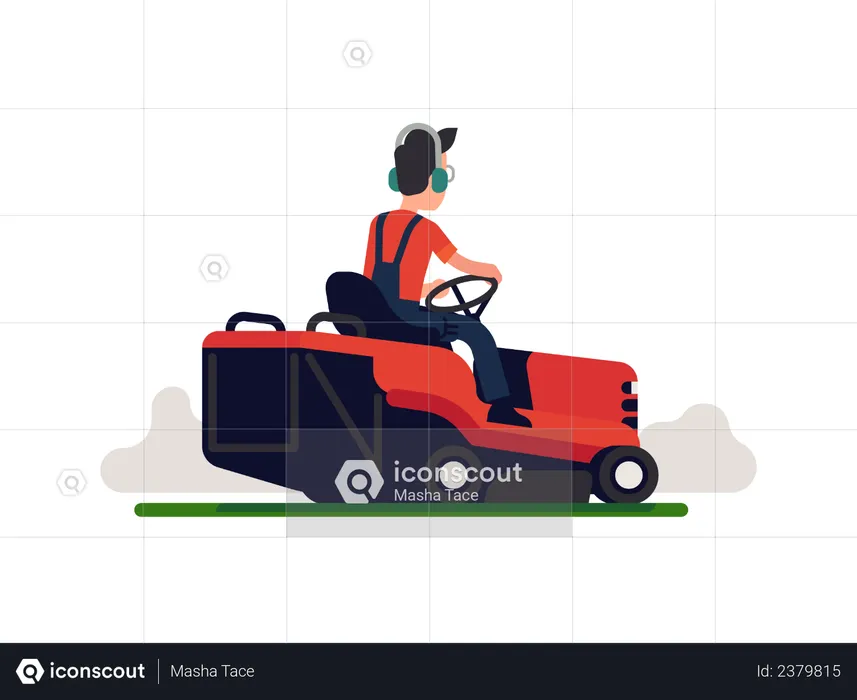 Gardener using lawn maintenance machine wearing headphone  Illustration