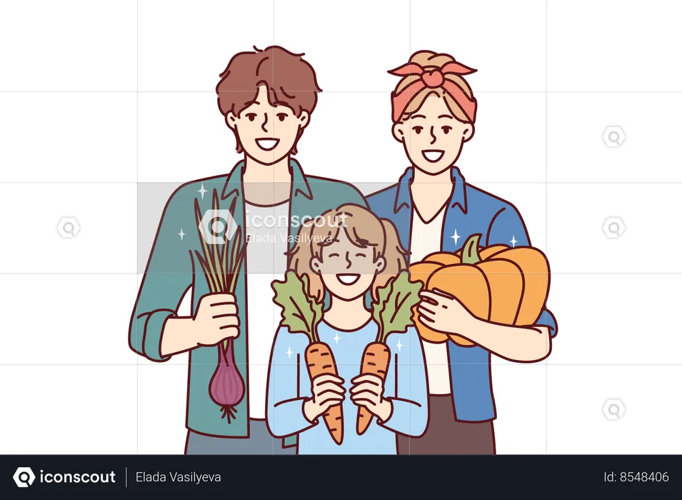 Gardening family posing with organic vegetables grown on own farm and rejoice in good harvest  Illustration