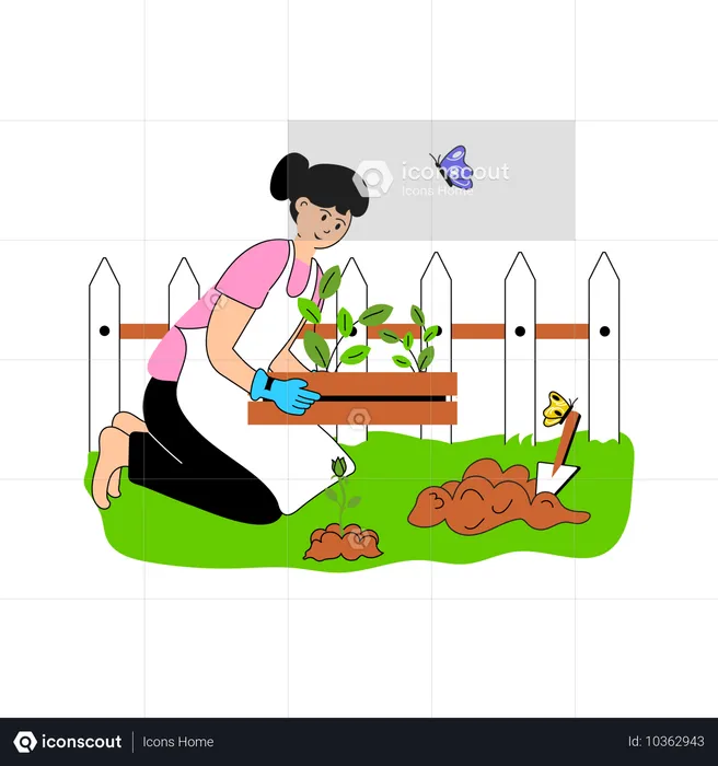 Gardening girl planting flowers  Illustration