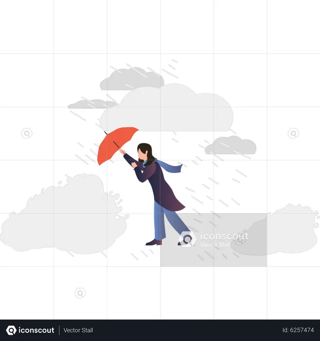 Menina andando com guarda-chuva sob forte chuva  Ilustração