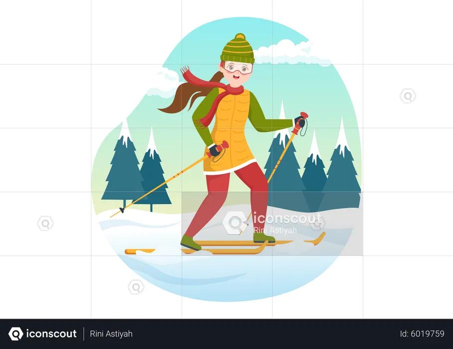Garota andando de esqui na floresta nevada  Ilustração