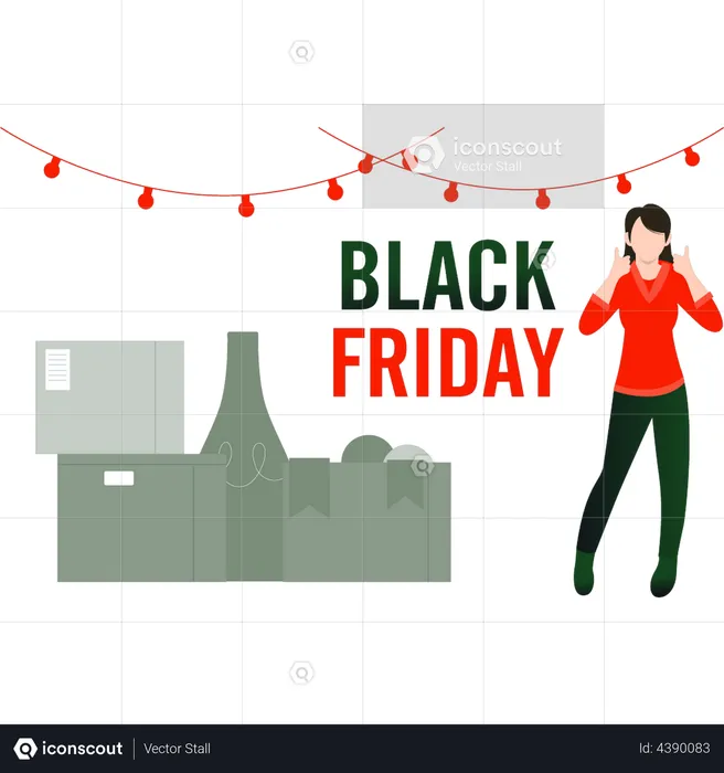 Garota animada com a promoção da Black Friday  Ilustração