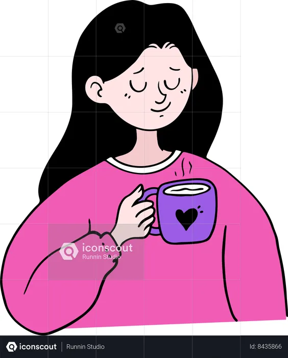 Menina bebendo chocolate quente ou café  Ilustração