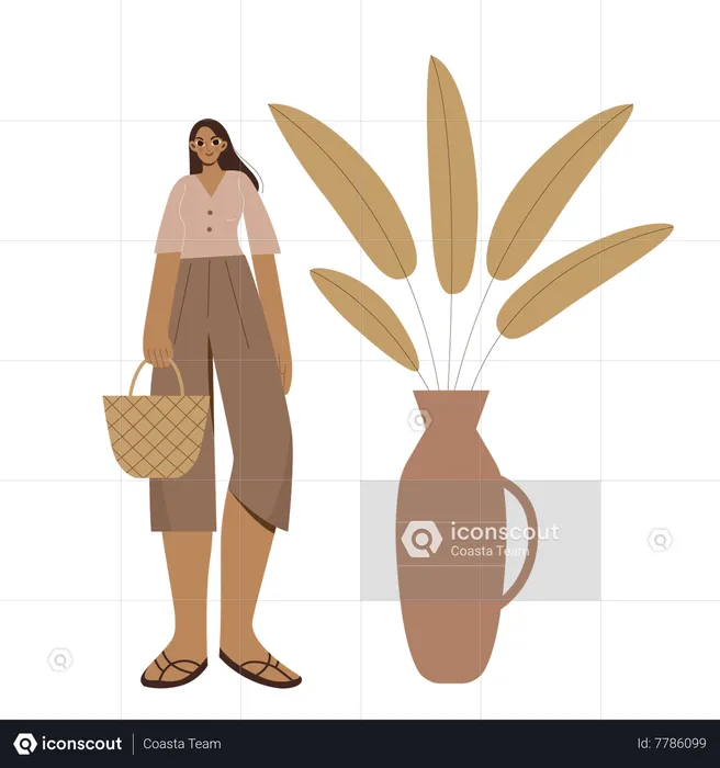 Boho Girl ao lado de um grande vaso segurando uma bolsa  Ilustração