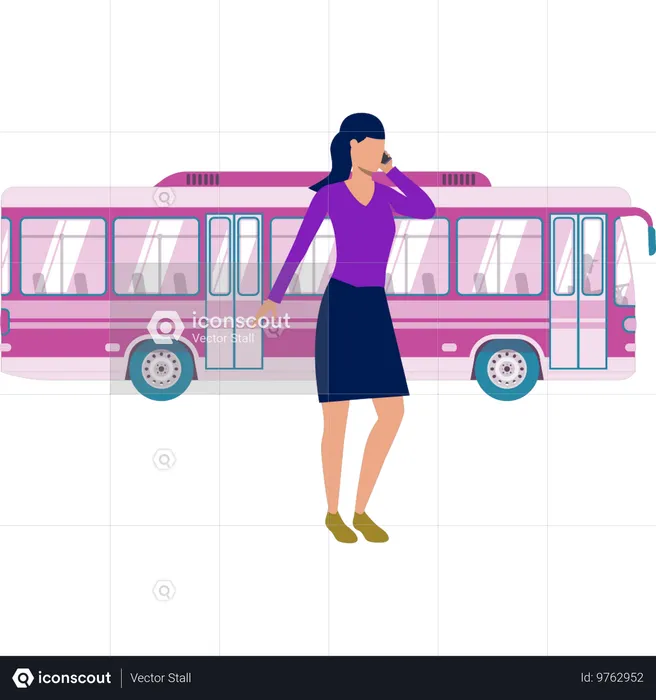 Garota ligando para alguém do lado de fora do ônibus  Ilustração