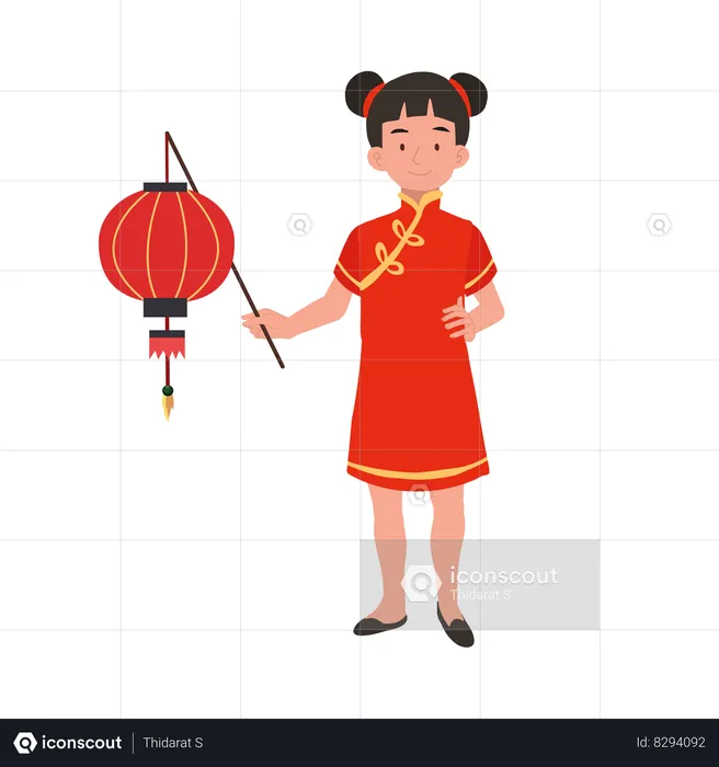 Garota com vestido tradicional chinês segurando uma lanterna vermelha  Ilustração