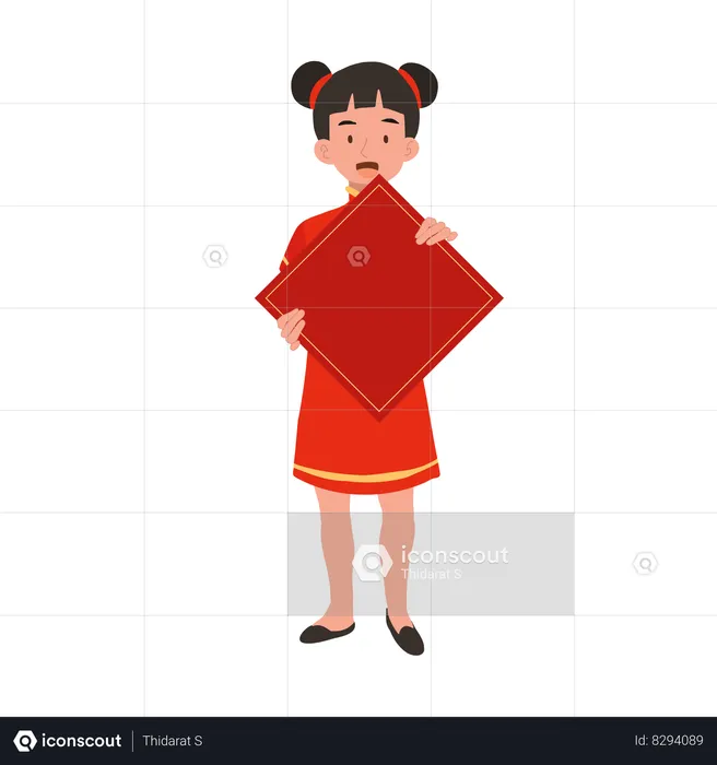 Garota com vestido tradicional chinês segurando papel vermelho  Ilustração