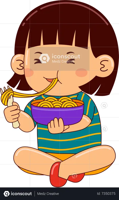 Menina comendo macarrão  Ilustração