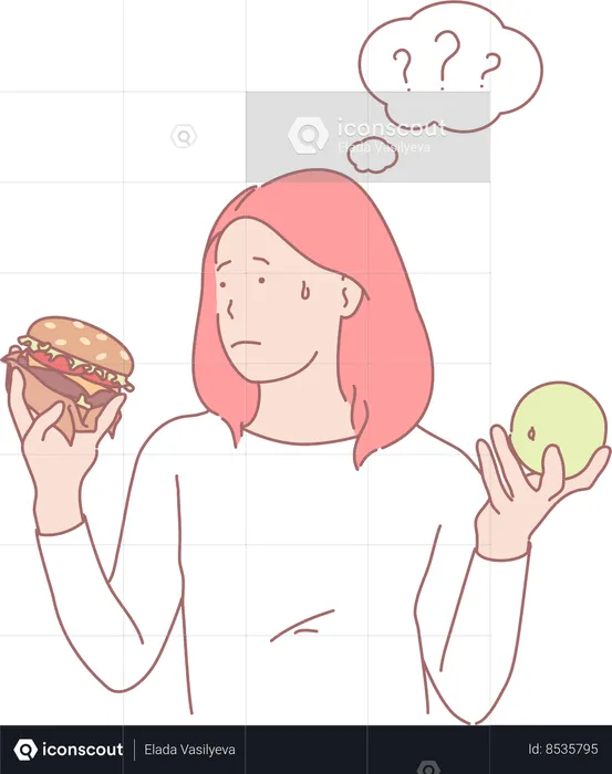 Garota confusa entre fast food  Ilustração