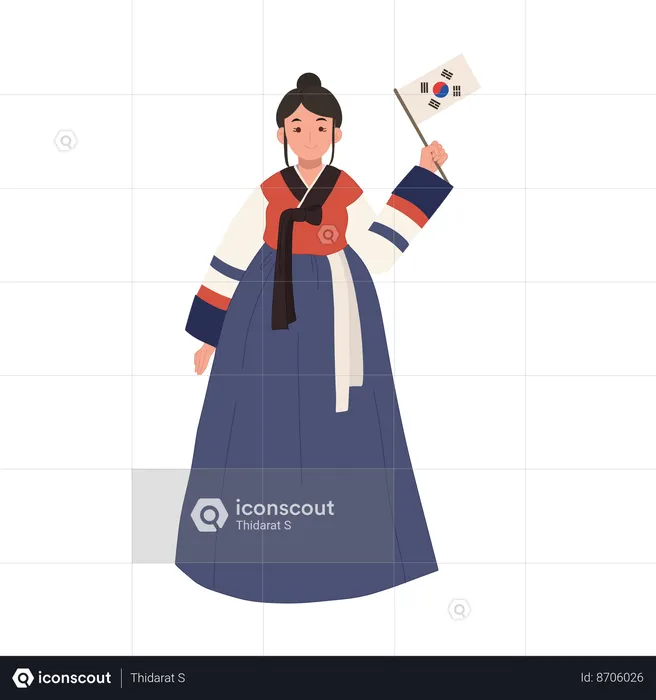 Feliz garota coreana usando hanbok com bandeira da Coreia do Sul  Ilustração