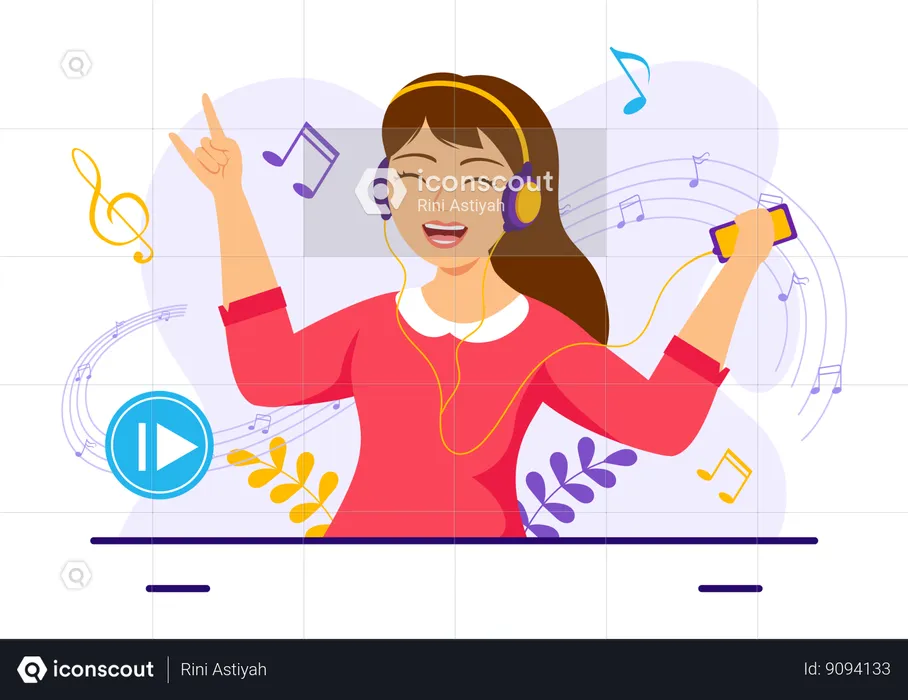 Garota curte suas músicas favoritas no celular  Ilustração