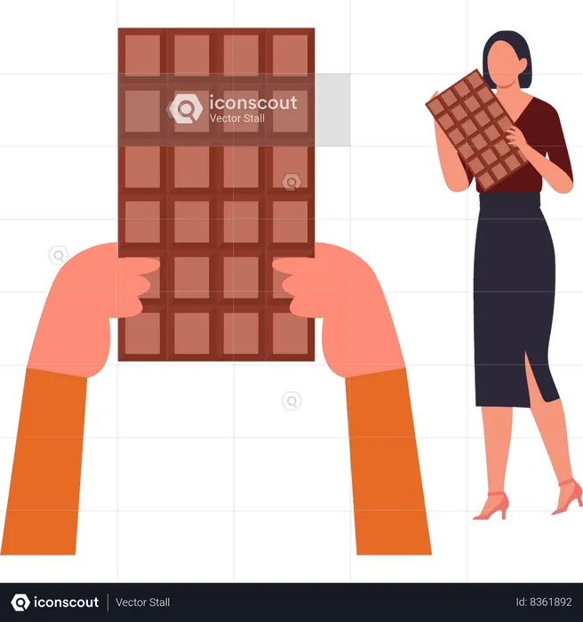 Garota dá barra de chocolate para alguém  Ilustração