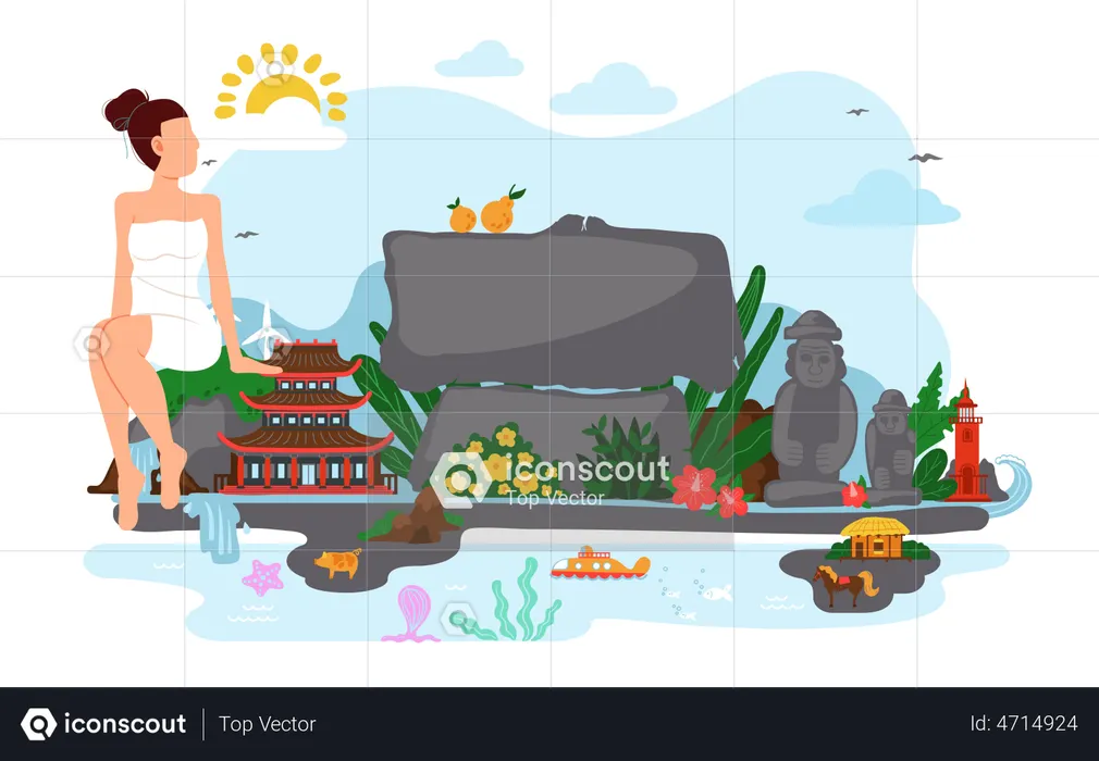 Garota de vestido branco descansando em Jeju  Ilustração