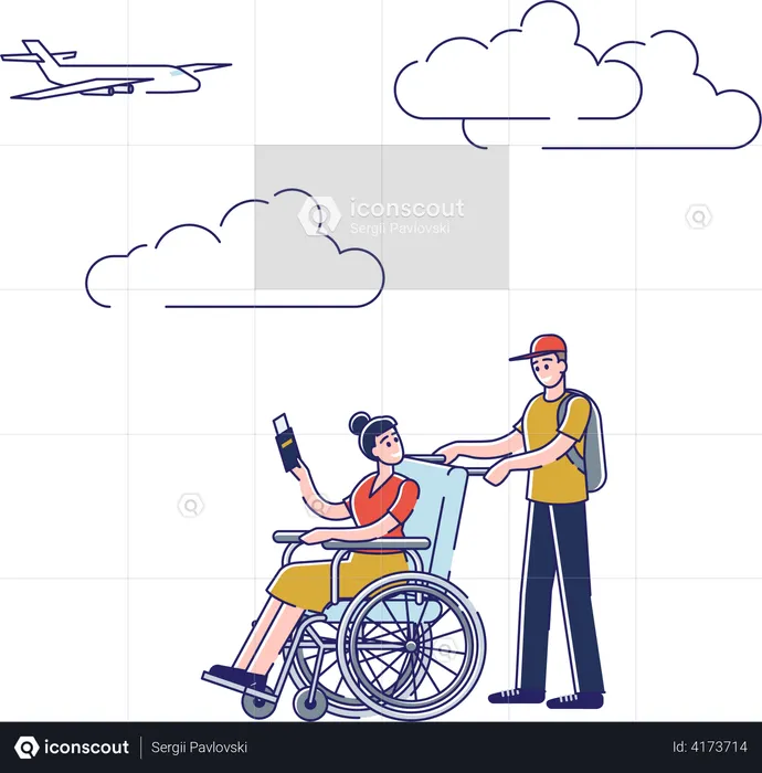 Garota com deficiência com namorado vai embarcar no avião  Ilustração