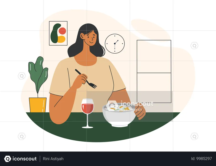 Menina desfrutando de comida em casa  Ilustração