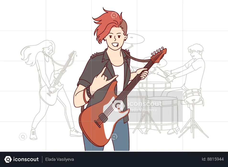 Garota é musicista de rock tocando guitarra  Ilustração