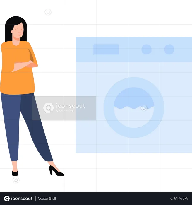 Garota em pé perto da máquina de lavar  Ilustração