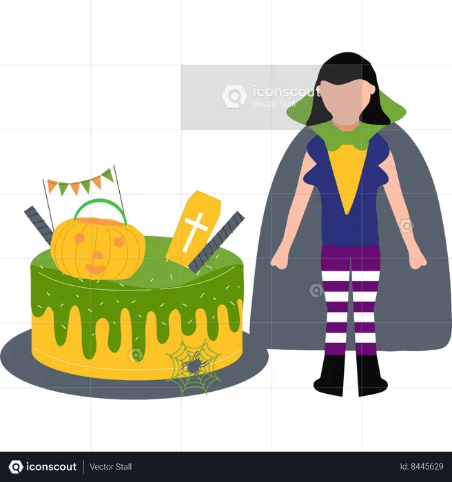 Garota em pé perto do bolo de Halloween  Ilustração