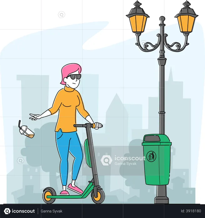 Menina em uma scooter passando pela lata de lixo jogando lixo no chão, ignorando o sinal de alerta  Ilustração