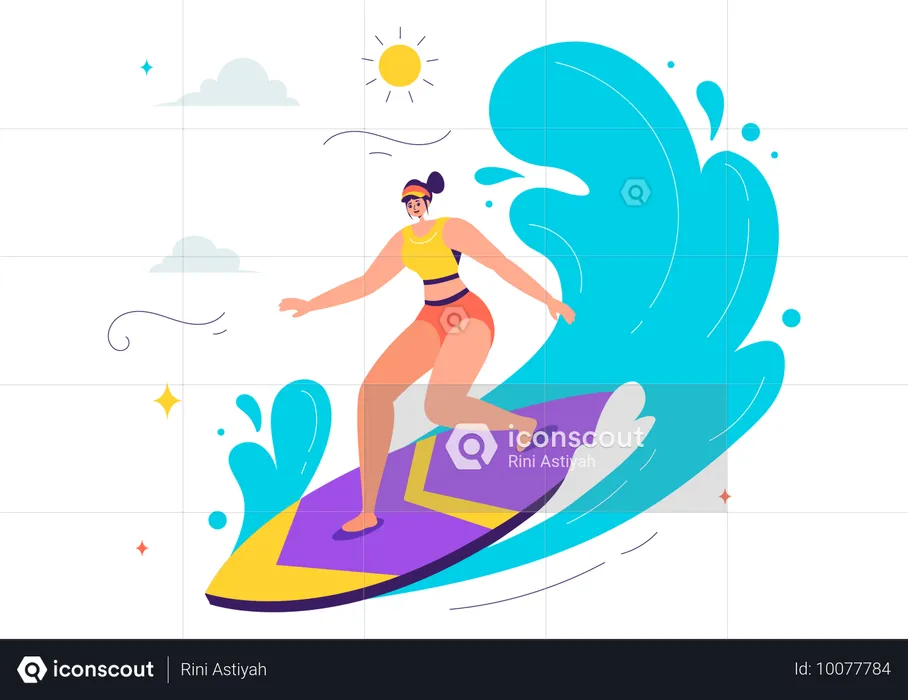 Garota em uma prancha de surfe  Ilustração