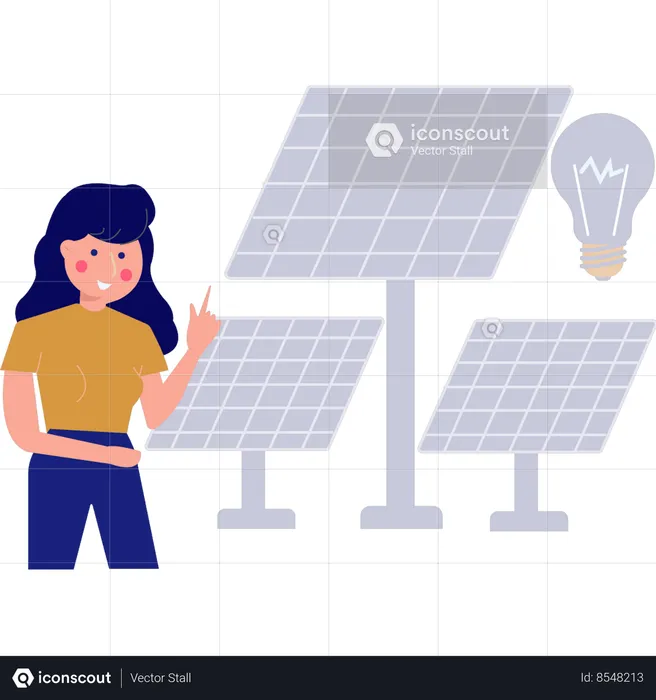 A menina está conectando placas solares à lâmpada  Ilustração