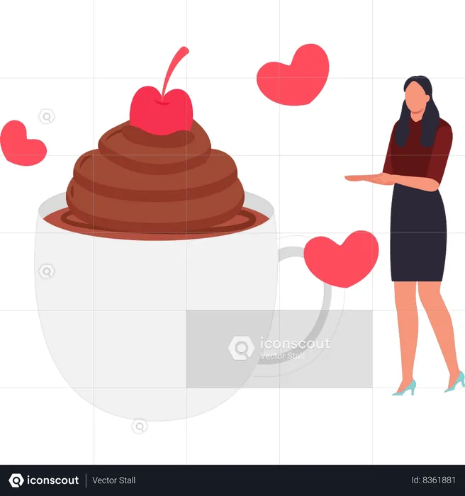 A menina está mostrando café com chocolate  Ilustração