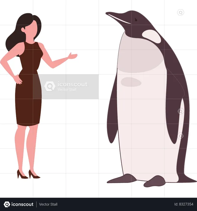 A menina está parada perto do pinguim  Ilustração