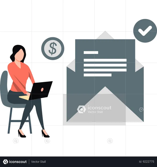 Garota está trabalhando em documento de correio no laptop  Ilustração