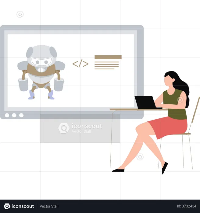 A garota está trabalhando no robô AI  Ilustração