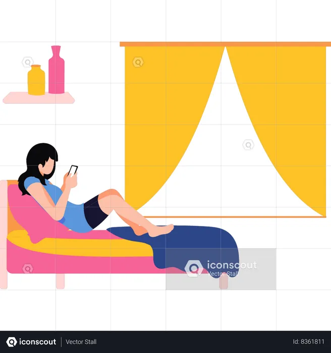 A menina está usando o telefone na cama  Ilustração