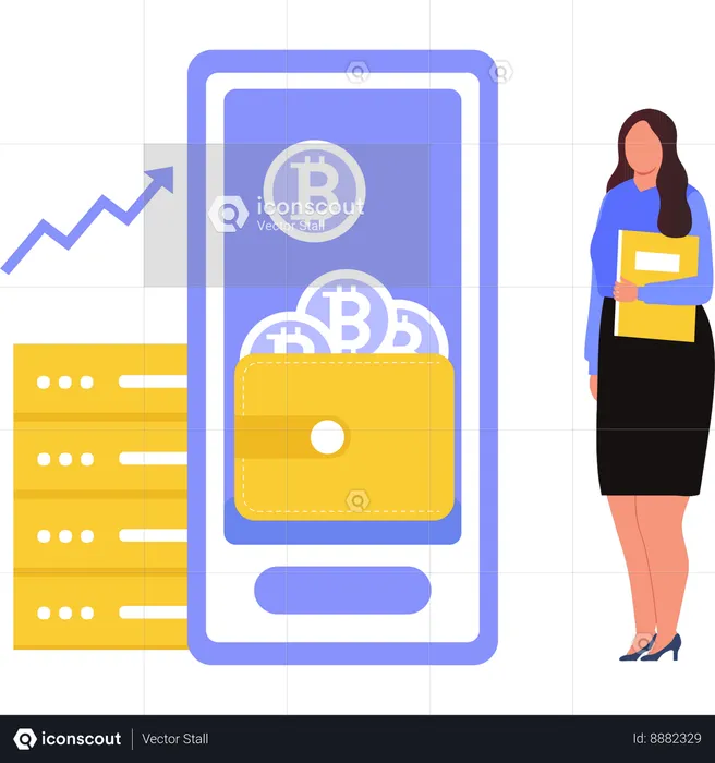 Garota falando sobre bitcoin no celular  Ilustração