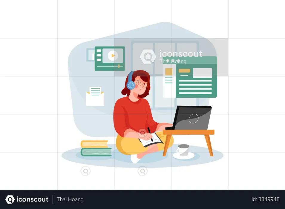 Garota fazendo anotações na aula online  Ilustração