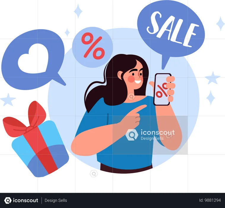 Garota fazendo compras on-line pelo celular  Ilustração