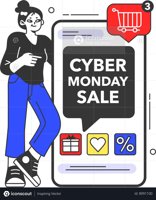 Garota fazendo compras on-line na promoção da Cyber Monday  Ilustração