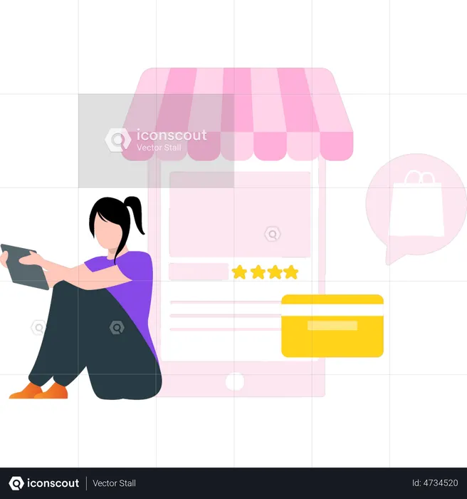 Garota fazendo pagamento de compras on-line  Ilustração