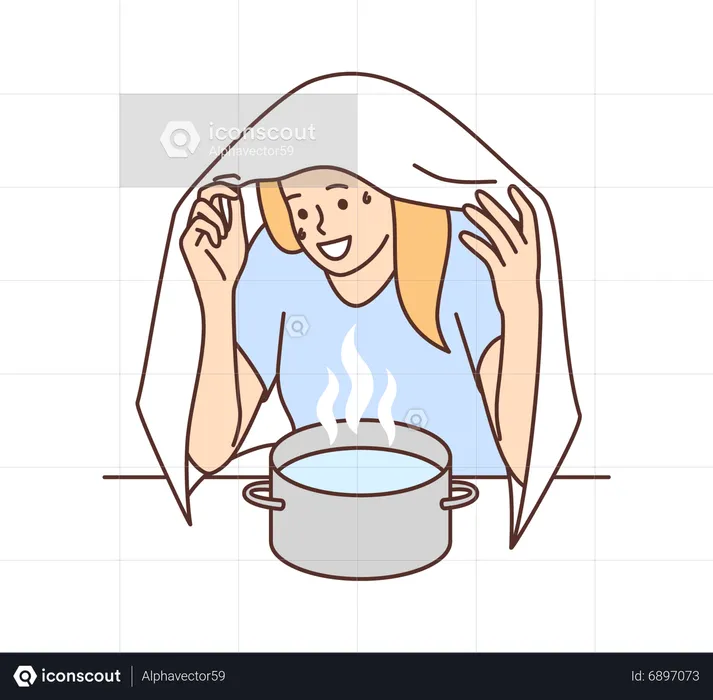 Garota fazendo inalação de vapor quente  Ilustração