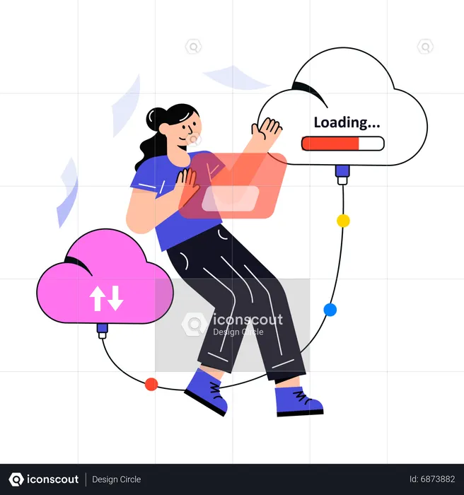 Garota fazendo transferência de dados na nuvem  Ilustração