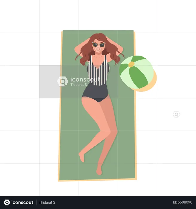 Garota feliz de maiô na praia se deita e toma sol  Ilustração