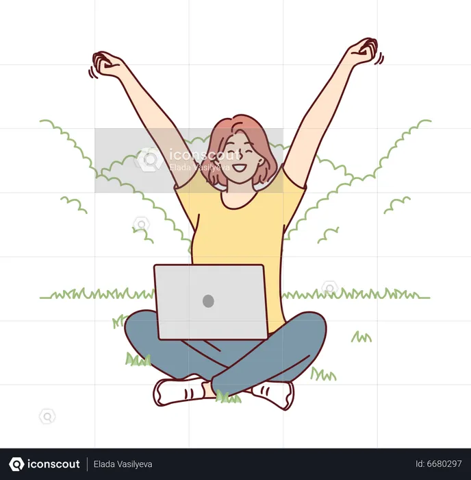 Garota feliz, segurando o laptop  Ilustração