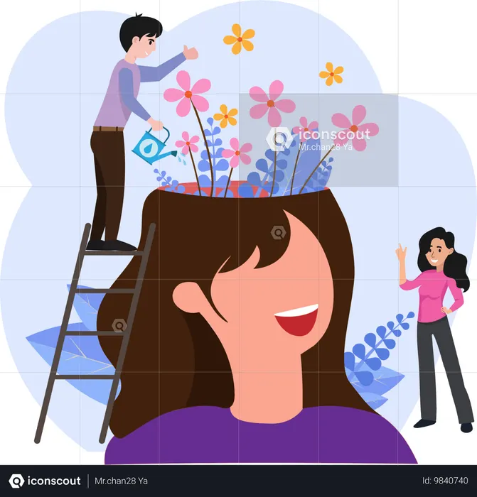 Garota feliz com ótima saúde mental e humor positivo, homenzinho regando flores dentro da cabeça da mulher, para psicologia, gênio, crescimento, desenvolvimento, conceito de inteligência  Ilustração