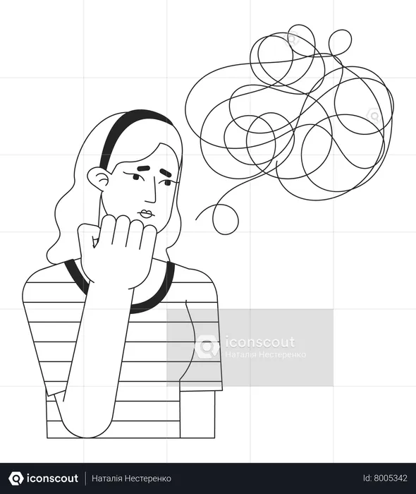 Garota infeliz emaranhada em pensamentos  Ilustração