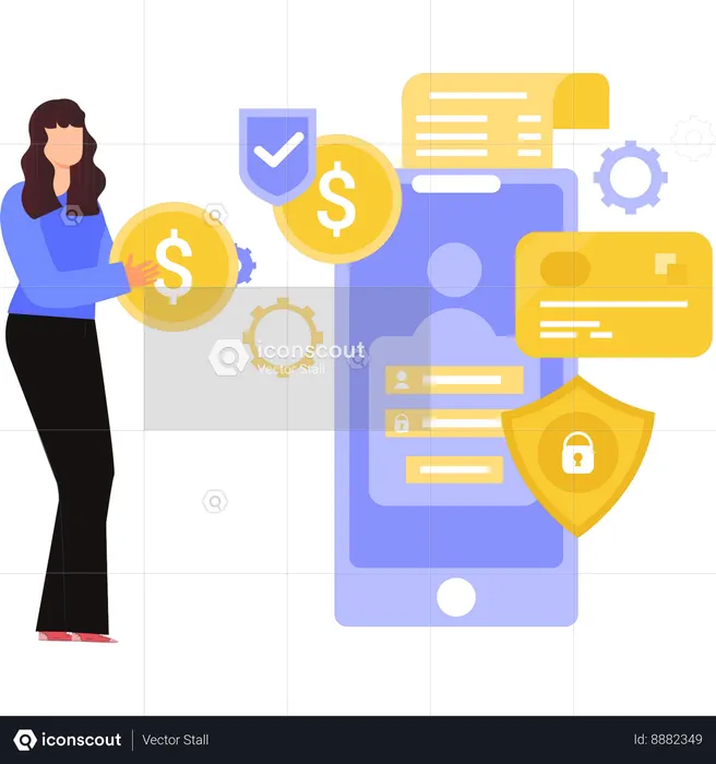 Garota mostrando moedas de dólar on-line no celular  Ilustração