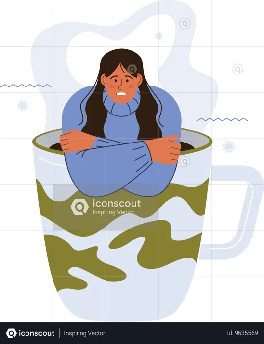 Garota em uma xícara de café quente enquanto sofre de resfriado  Ilustração